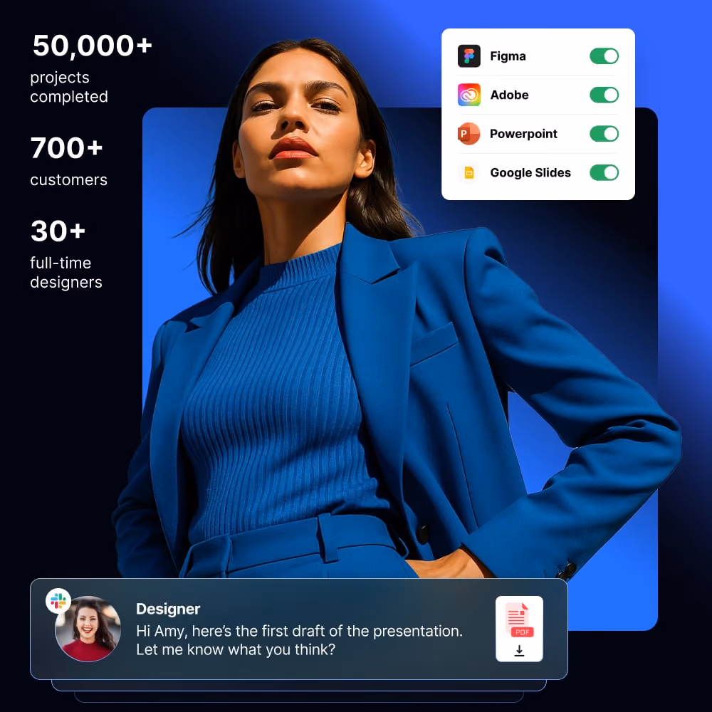Confident woman in blue suit with text about projects, clients, designers, and design software icons