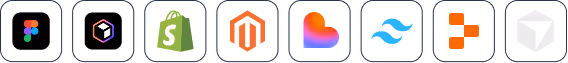 Icons of UI/UX design tools including Figma, Shopify, Magento, and others in a row.
