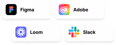 Four UI design and collaboration app logos: Figma, Adobe, Loom, and Slack on white buttons.