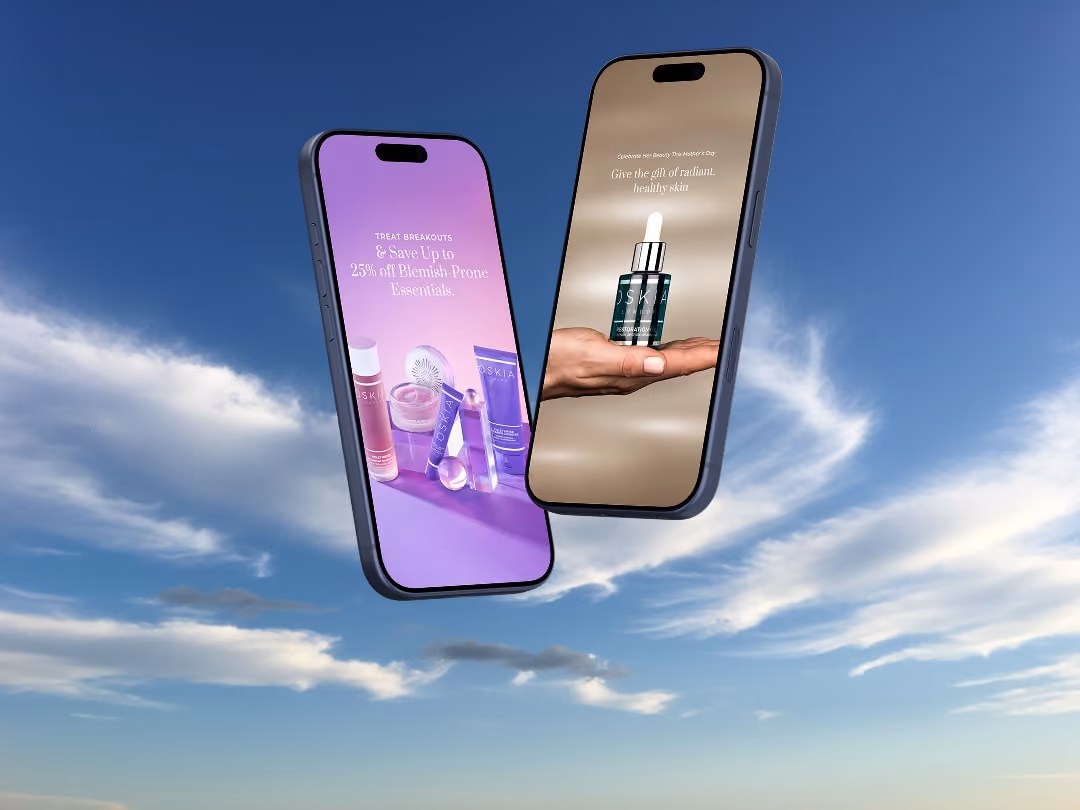 Two smartphones float in sky, showing skincare product ads and promotional text on screens.