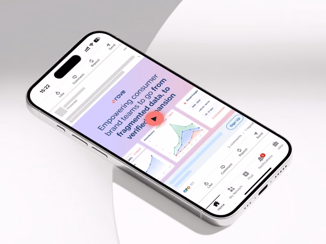 Smartphone displaying a social media post about empowering brands with data and expansion charts.