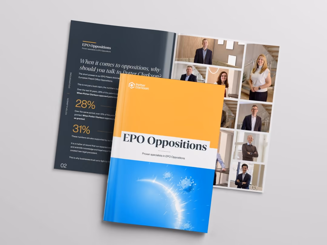 Open brochure titled EPO Oppositions with team member photos and text about patent opposition success rates.