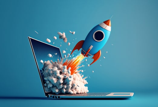 A rocket bursting from the screen of a laptop