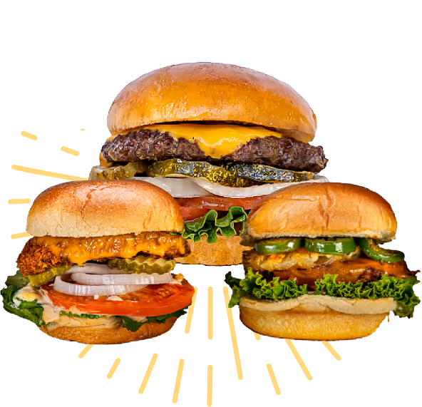 Three burgers on a black background with radiant lines. Center: cheeseburger with pickles. Left: chicken burger with tomatoes. Right: spicy burger with jalapeños.