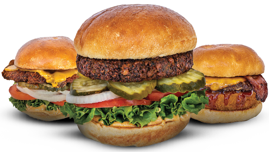 Three burgers on a black background: a veggie burger with lettuce, pickles, and tomato; a cheeseburger; and a BBQ cheeseburger with onions.