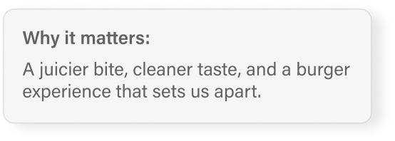 Text highlighting the importance of a juicier bite, cleaner taste, and a unique burger experience.