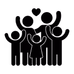 White line art icon of a family with two adults and two children raising their arms on a black background.