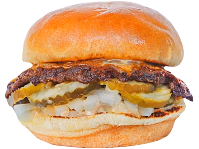 iniSmash Burger with melted cheddar, diced onions, and crispy pickles