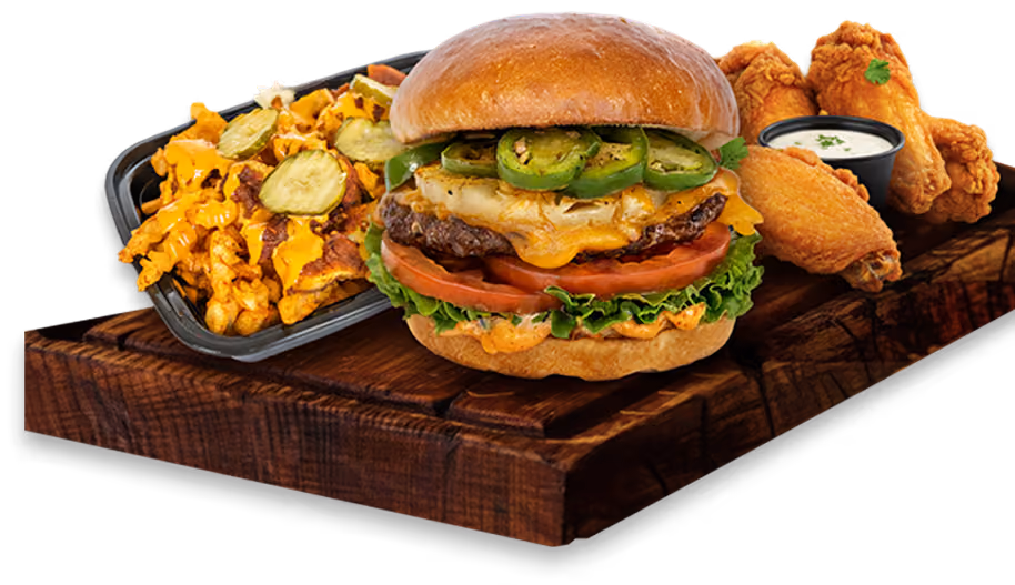 iniBurger party catering platter with mini burgers, crispy chicken tenders and loaded fries