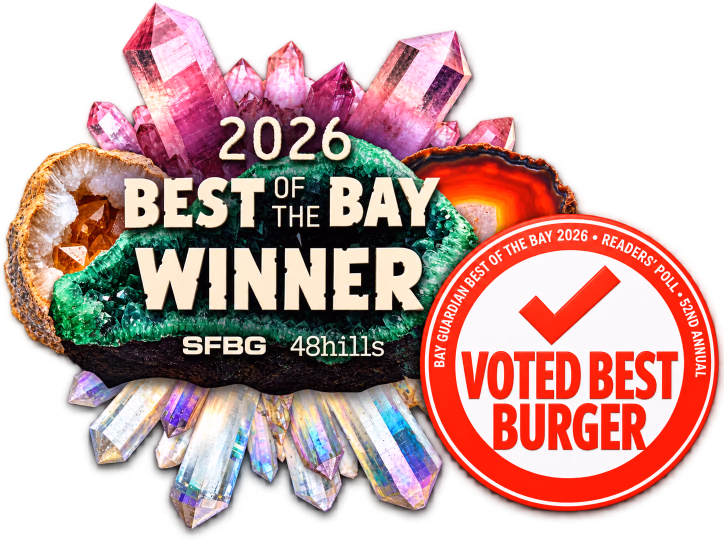 Best of the Bay Winner crystal trophy and Voted Best Burger seal awarded to iniBurger by Bay Guardian readers