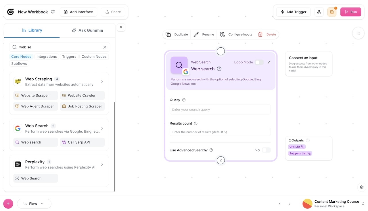 Web search node in Gumloop