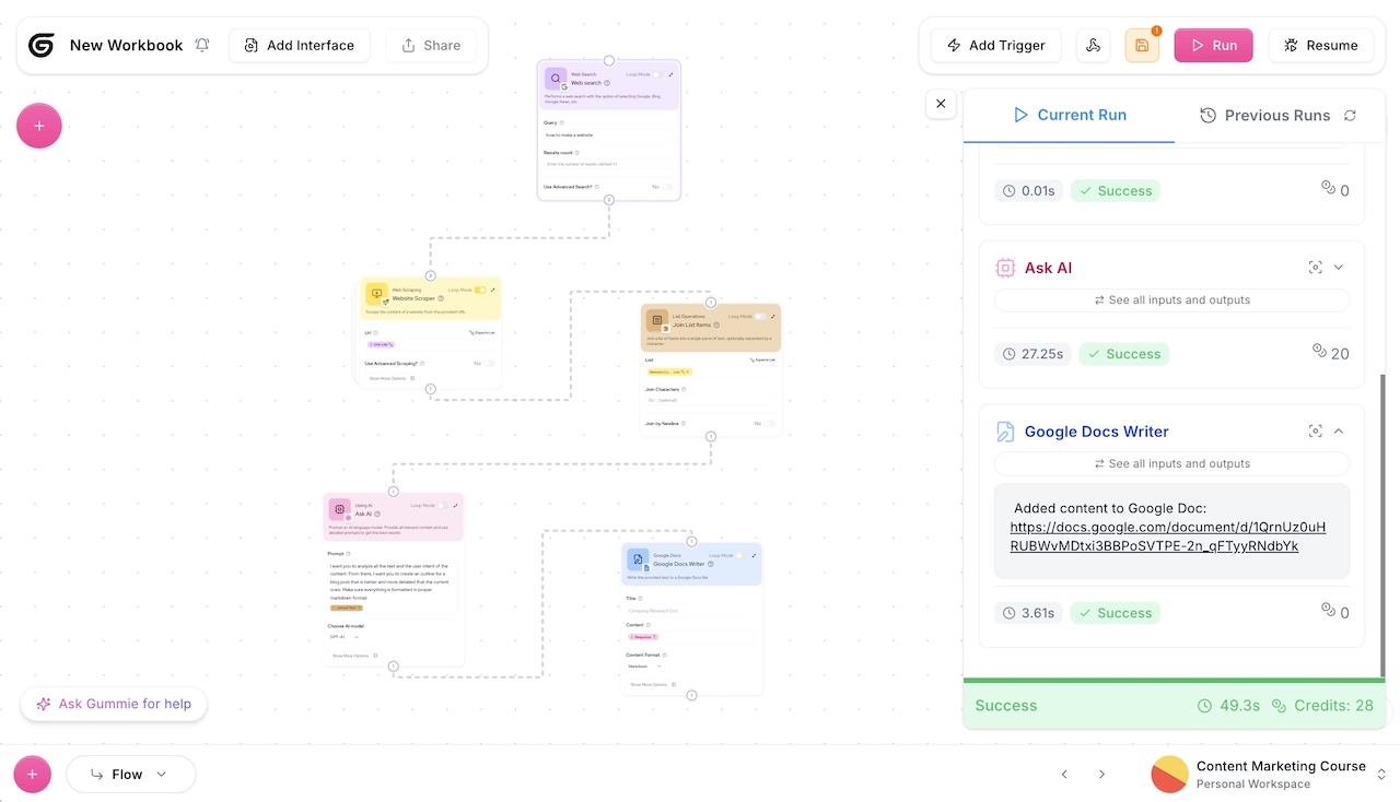 Successful SEO automation in Gumloop