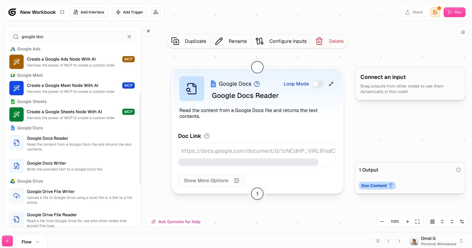 Google Docs Reader node