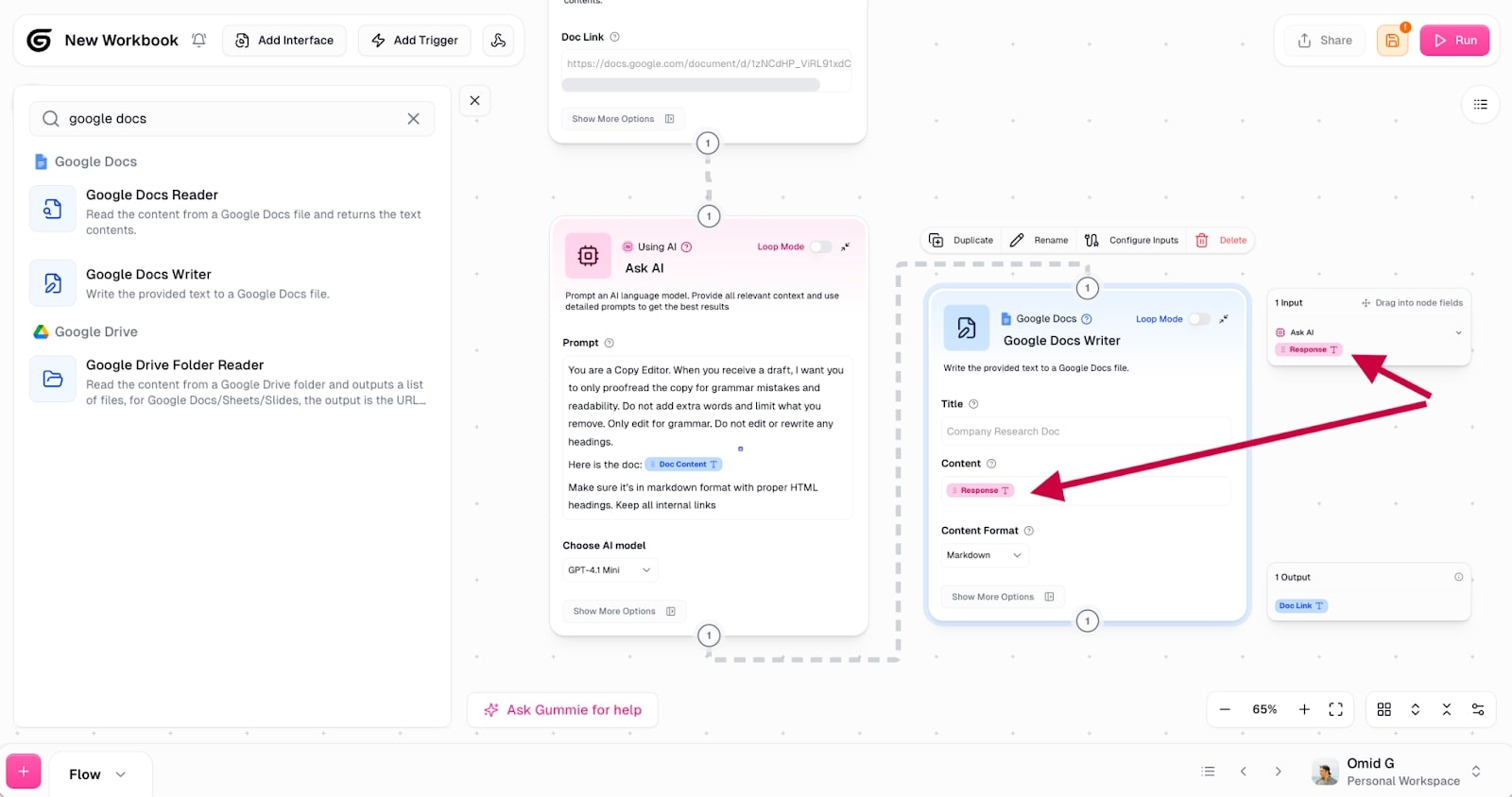 Connecting the Google Docs Writer node