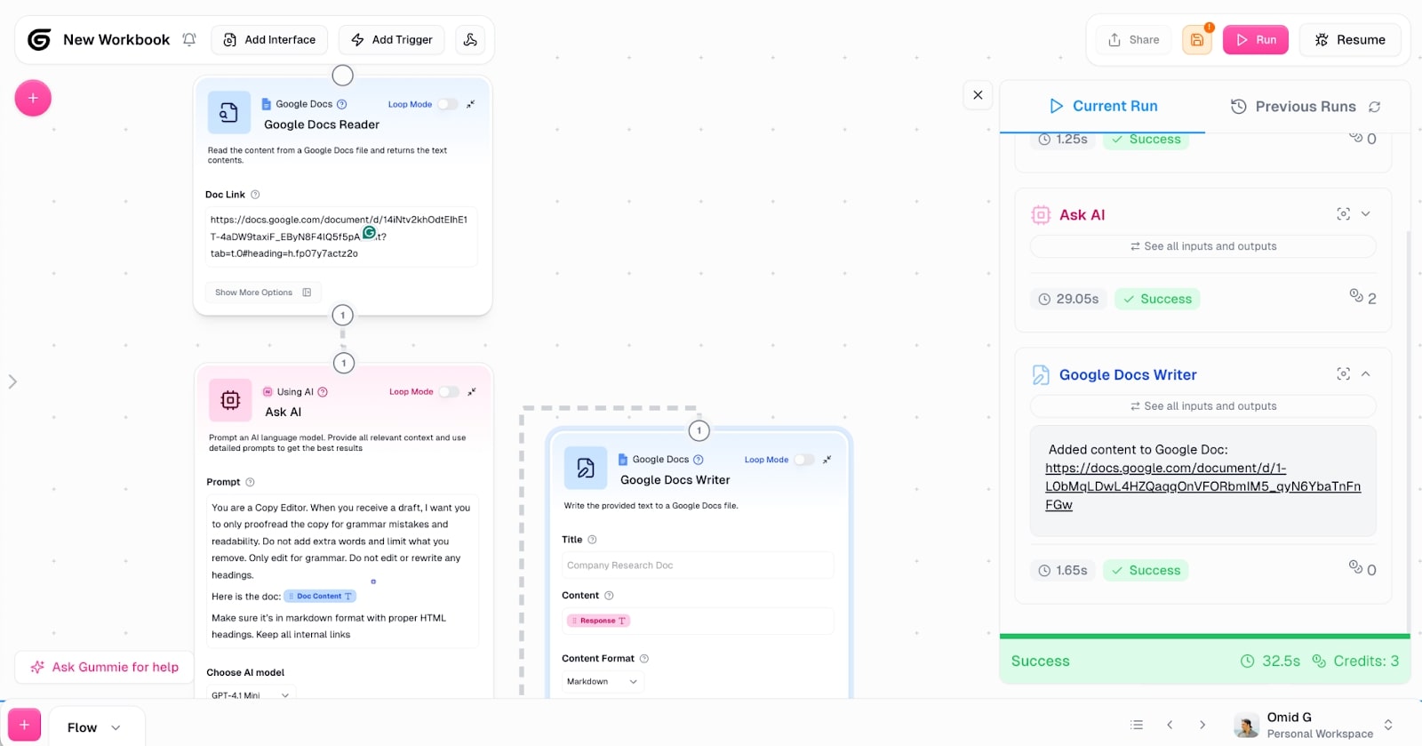Running the AI agent node