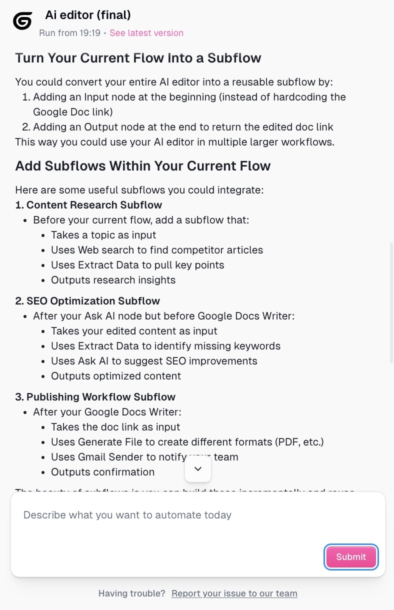 Subflow recommendations from Gummie