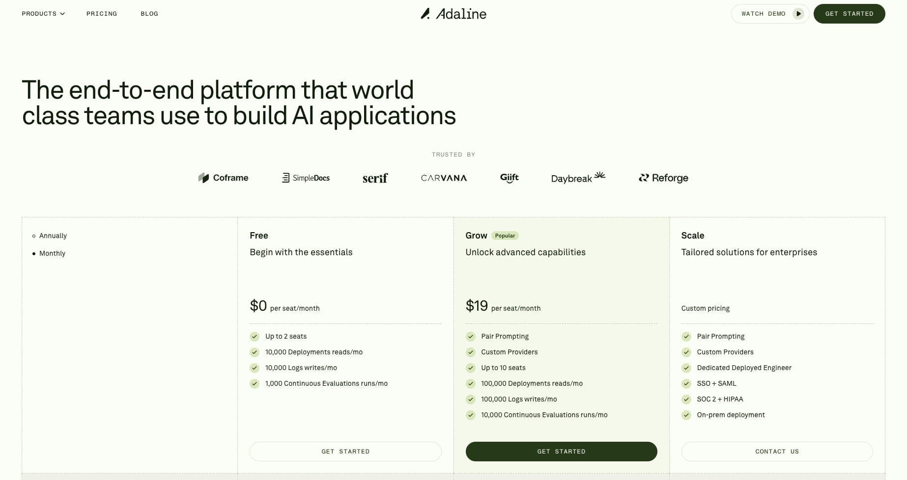 Adaline's pricing page