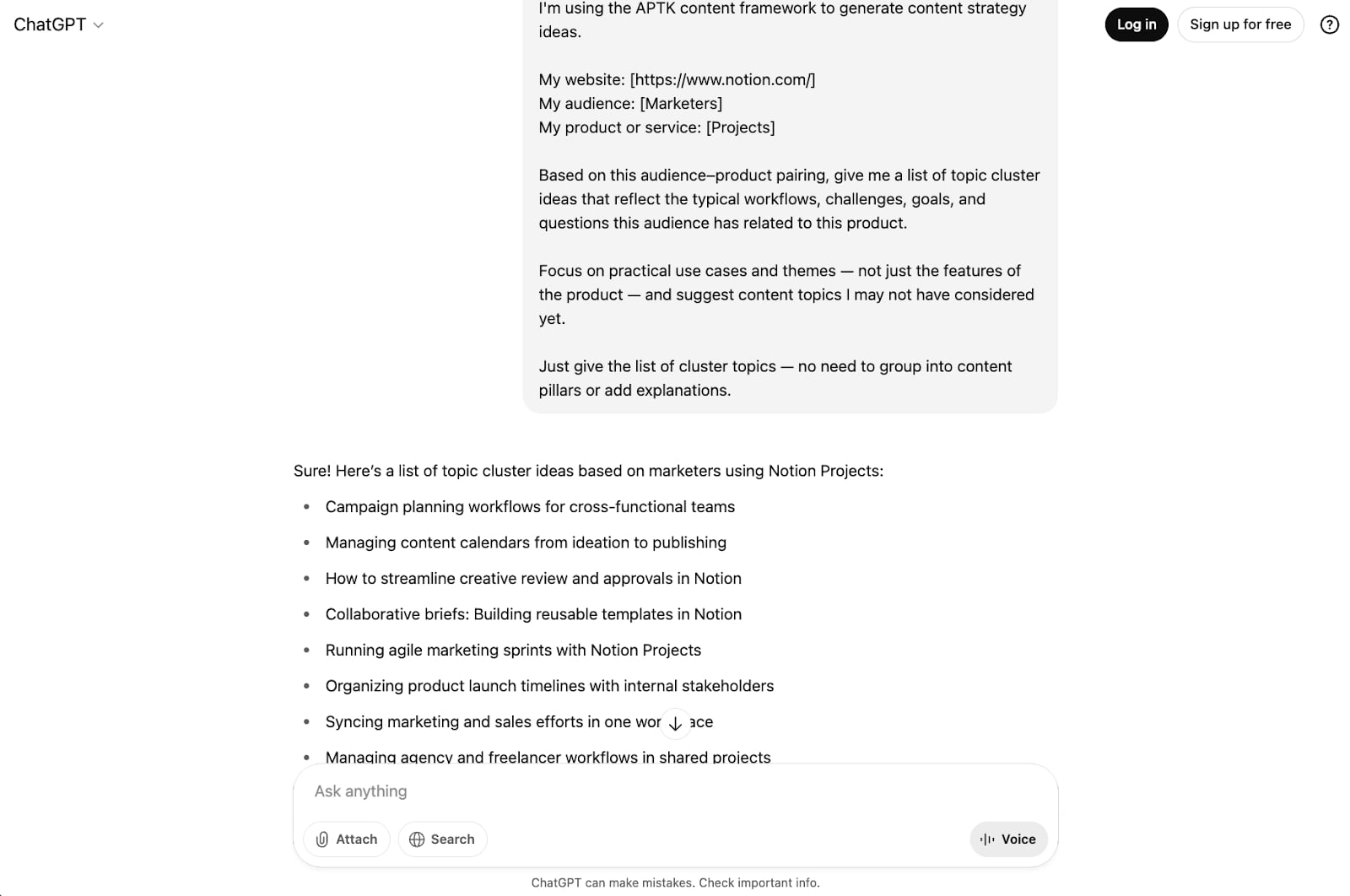 Topic cluster prompt output