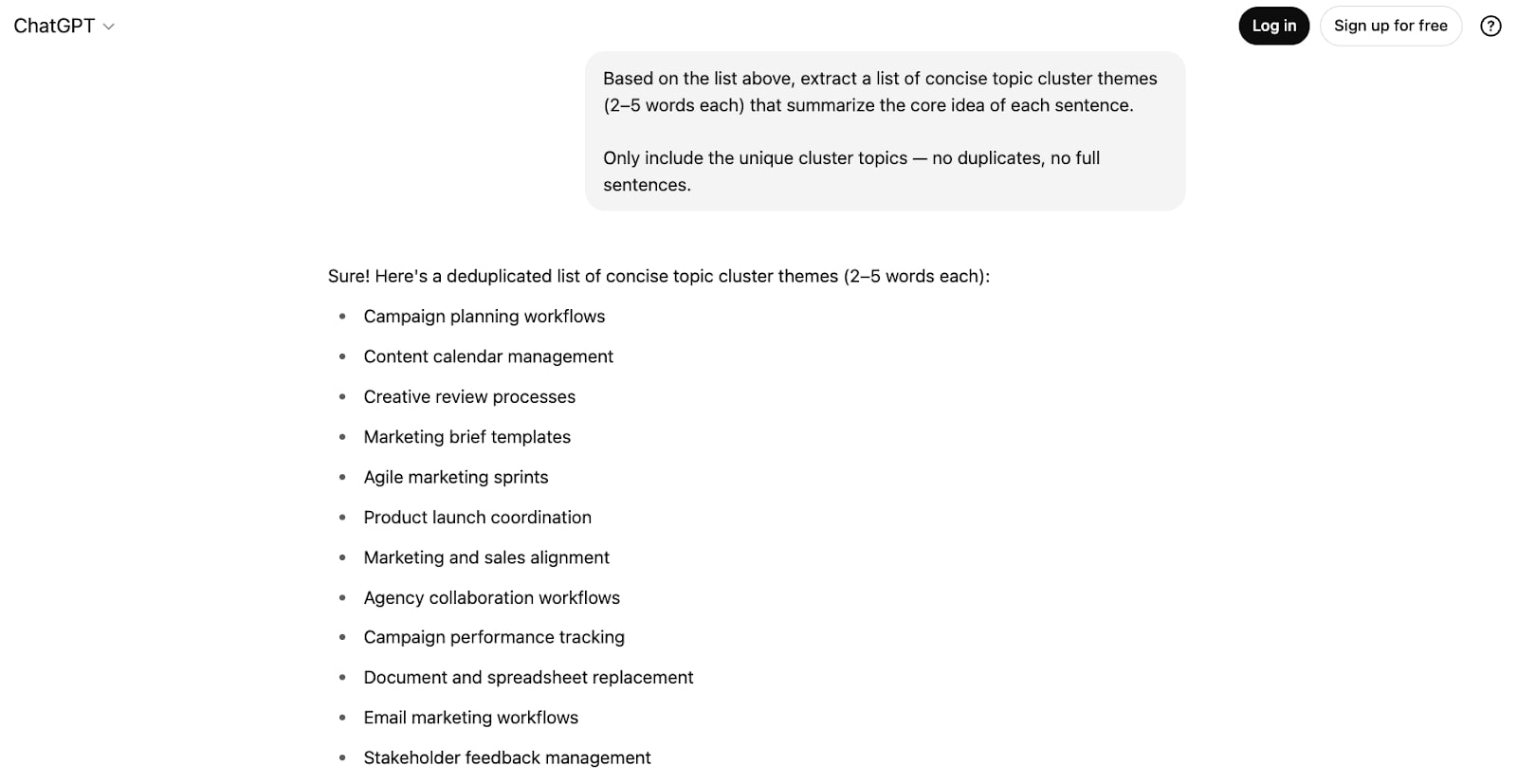 Topic cluster refinement prompt output