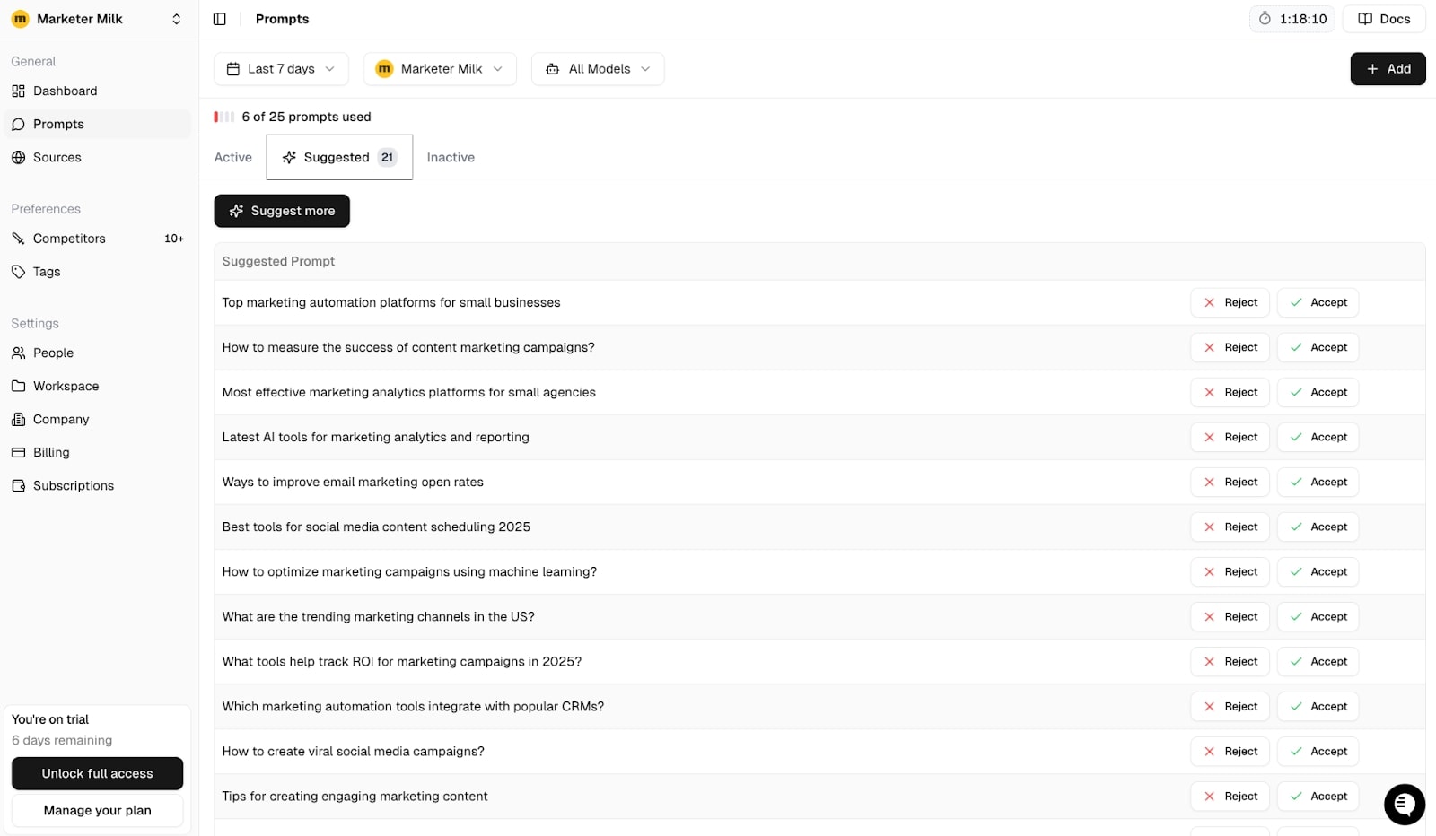Suggested prompts in Peec AI