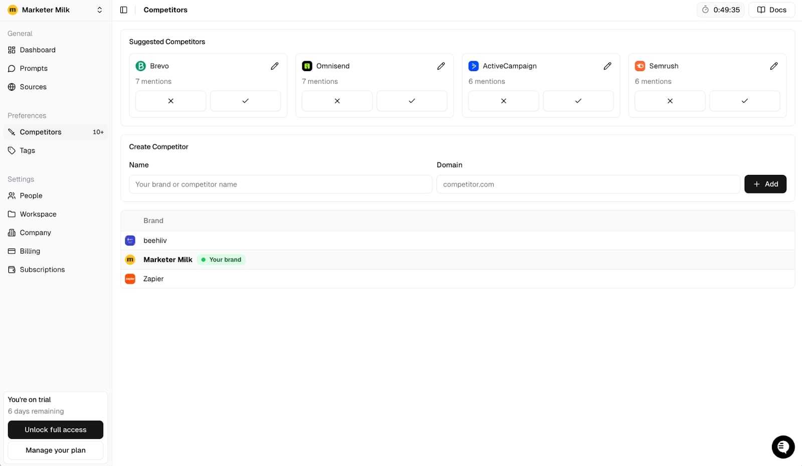 Competitors feature in Peec AI