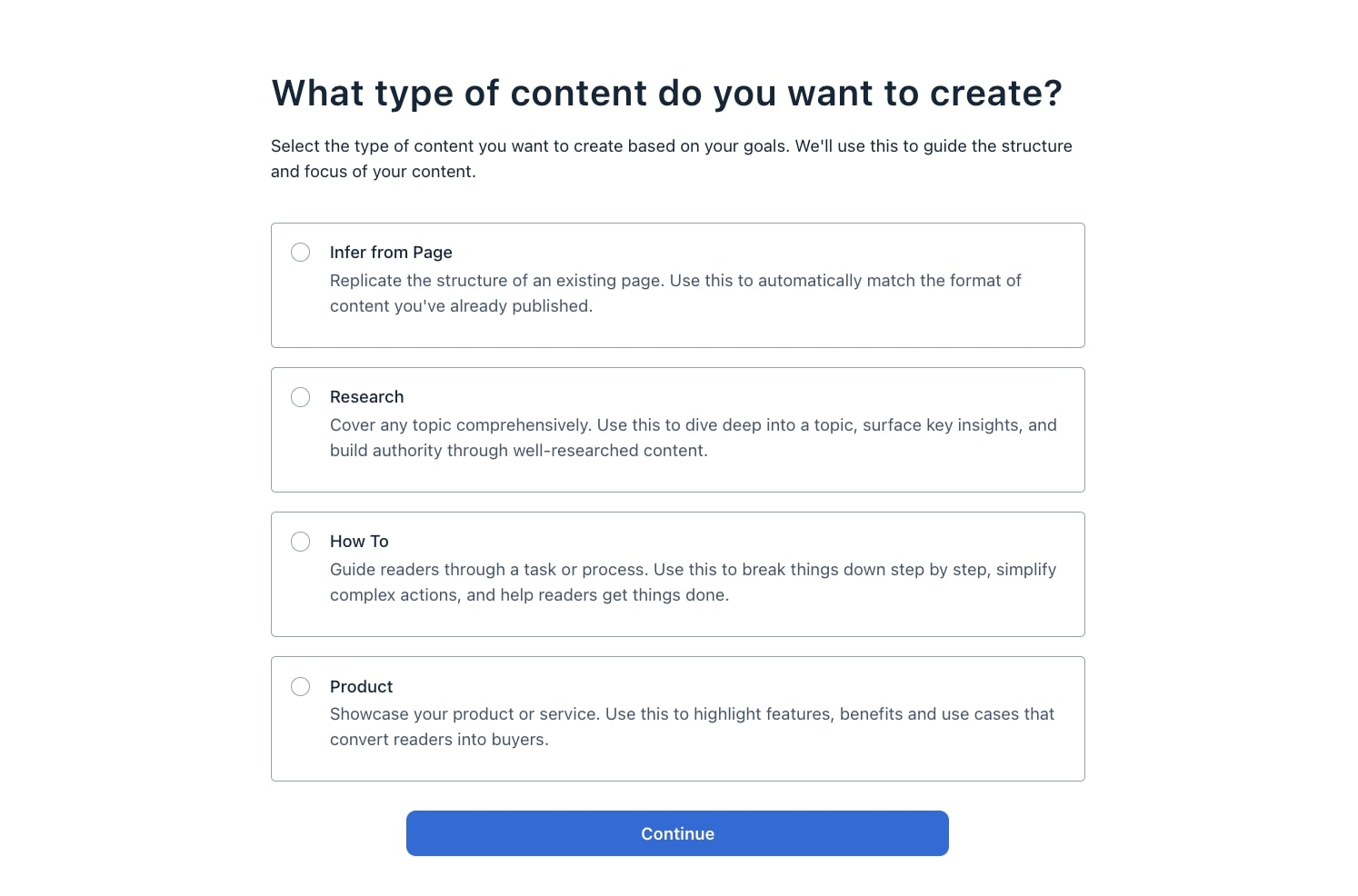 Selecting type of content format in Clearscope
