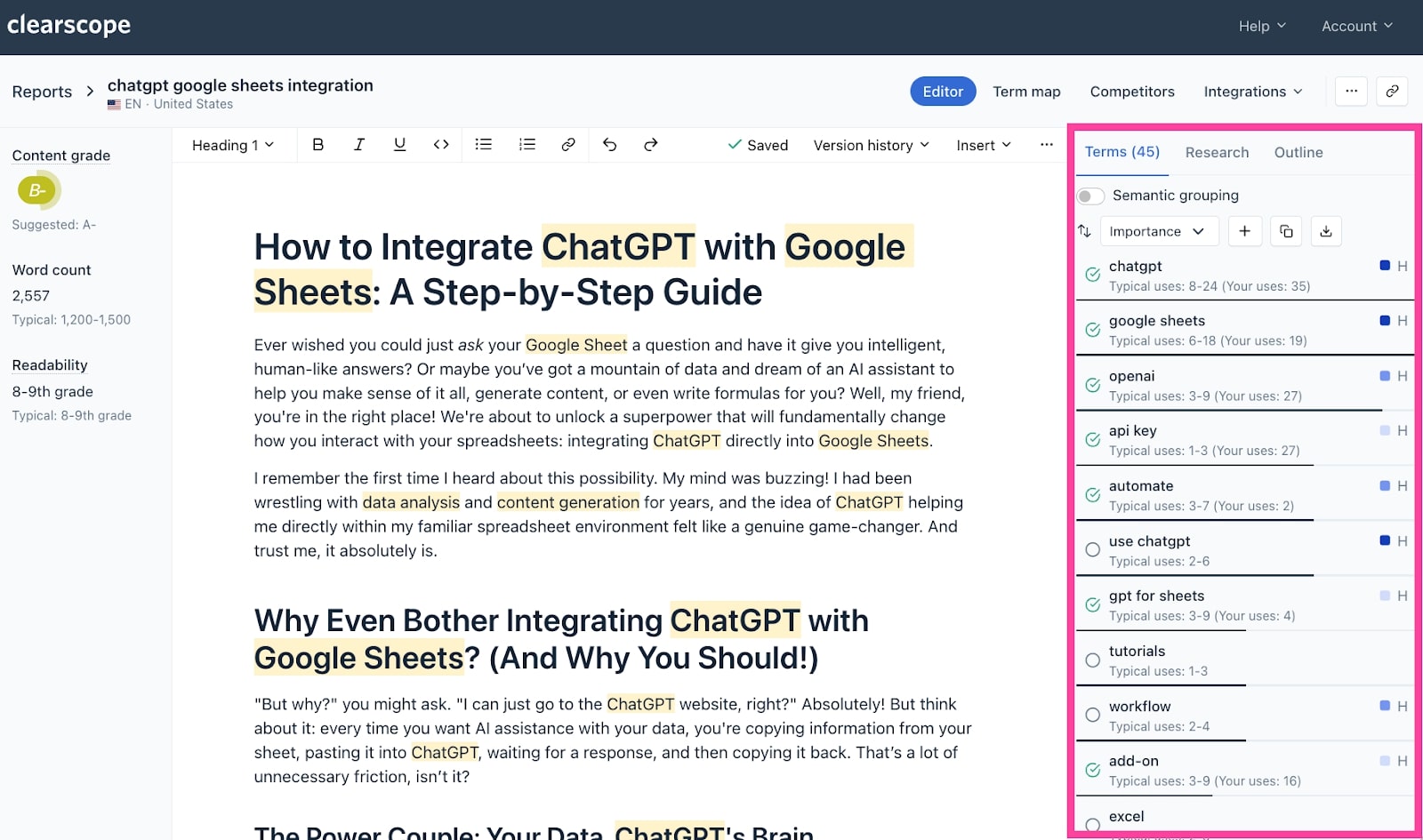 Clearscope keyword term recommendations