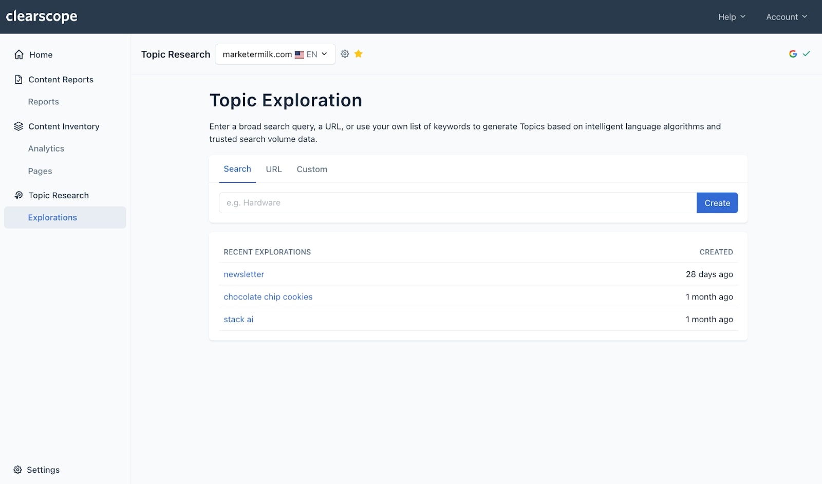 Topic research in Clearscope