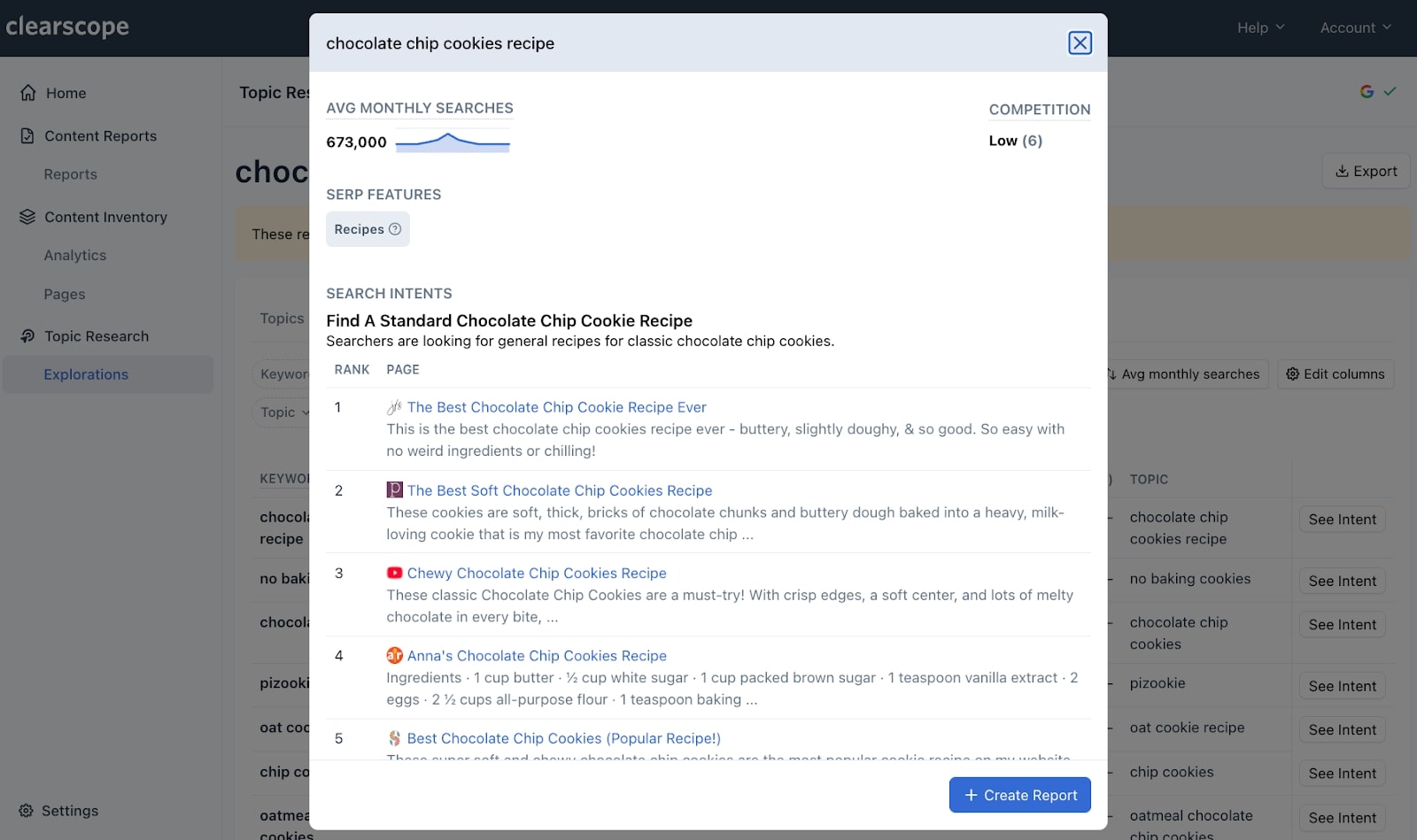 Keyword search intent analysis report in Clearscope