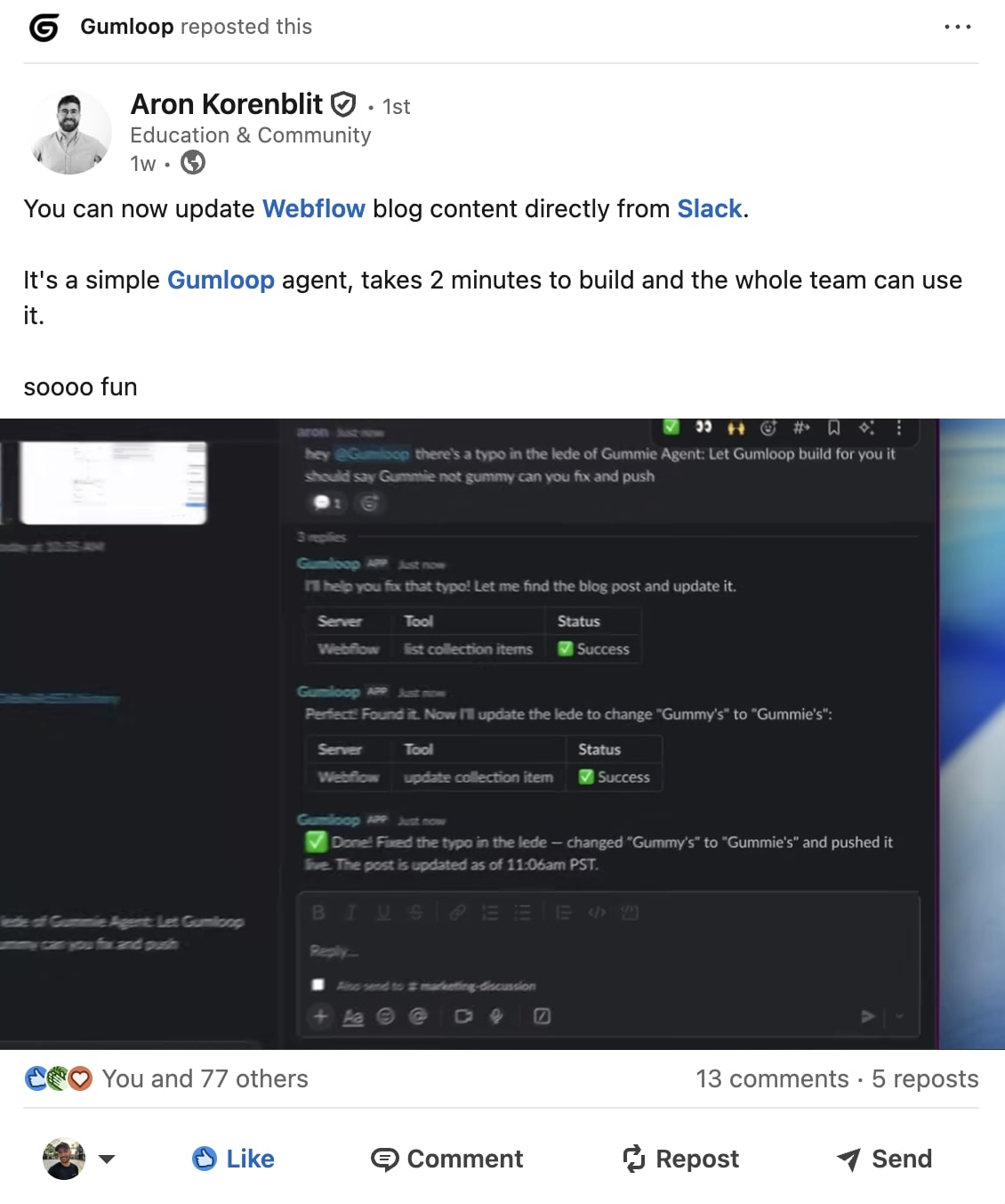 Aron on the Gumloop team showing a new product feature