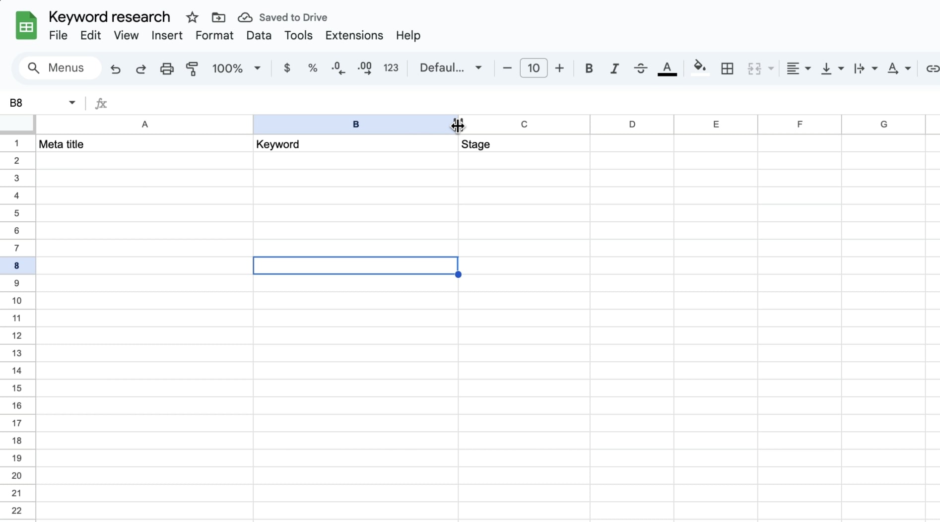 Google Sheet for keyword ideas