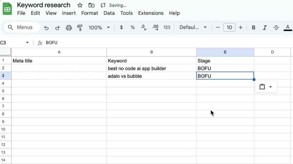 Keyword list Google Sheet