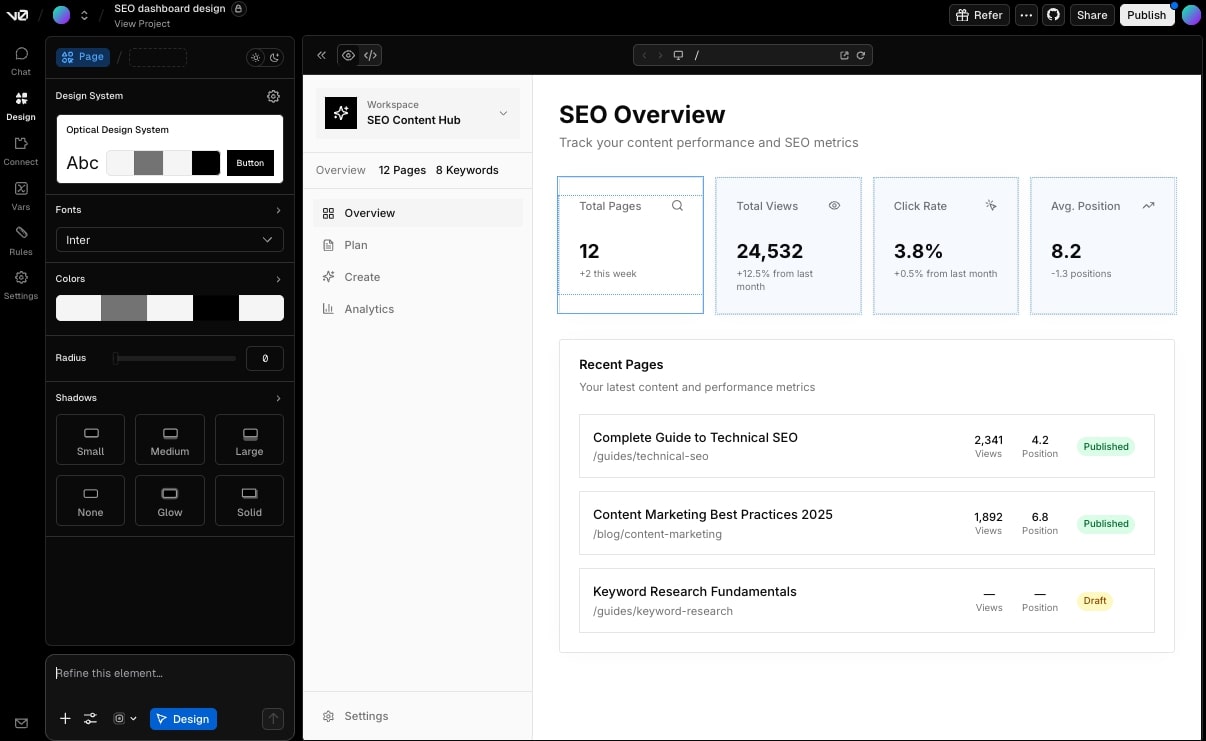 v0 dashboard interface