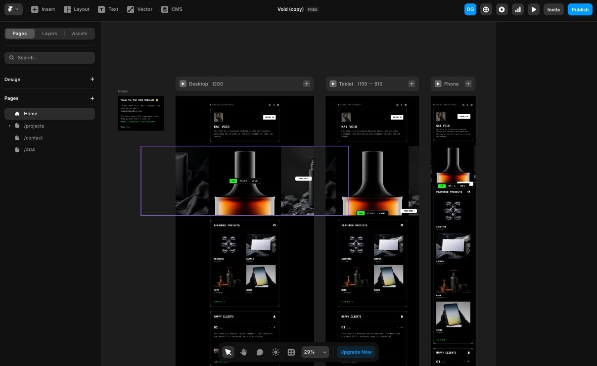 Dashboard for the website builder in Framer