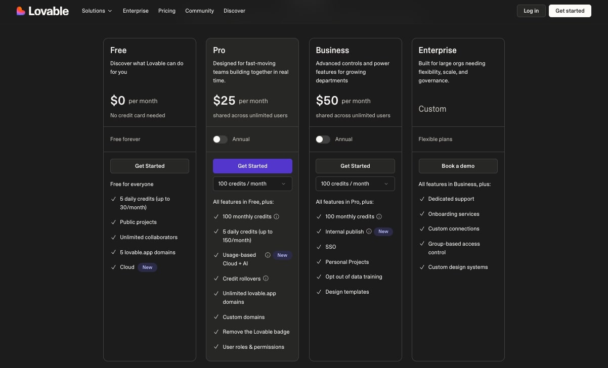 Lovable pricing plans