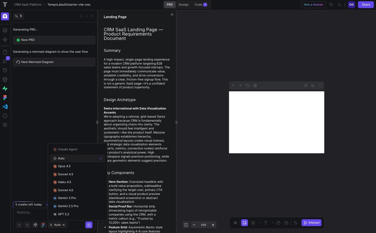 Tempo Labs AI builder dashboard