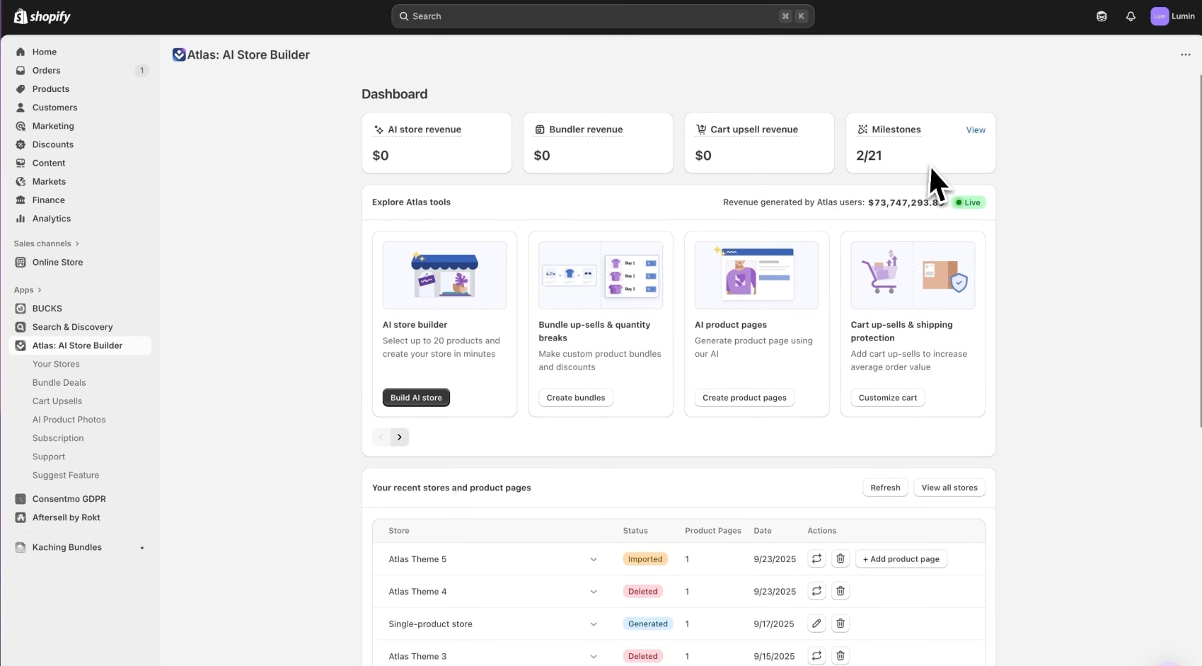 Atlas AI dashboard in Shopify
