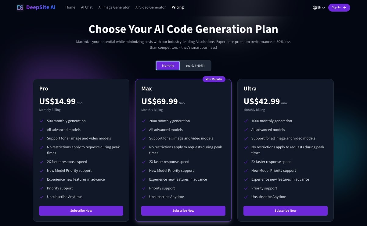 DeepSite pricing plans