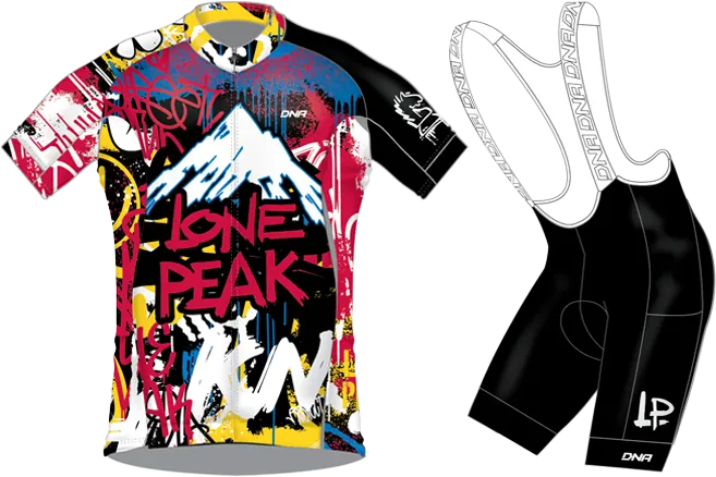 2026 Kit — Colorful cycling jersey with graffiti-style mountain graphic and the text 'Lone Peak' paired with black cycling bib shorts featuring white straps and LP logo.