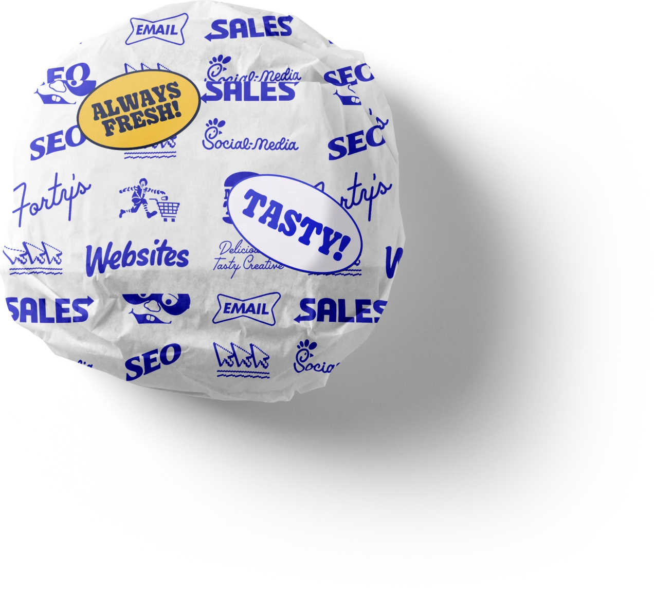 An image of a burger wrapped in paper that is covered with marketing logos