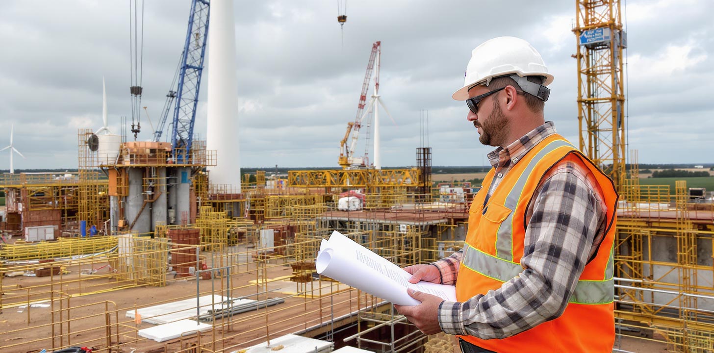 Ein Mann in orangefarbener Weste und Helm hält ein Papier auf einer Baustelle