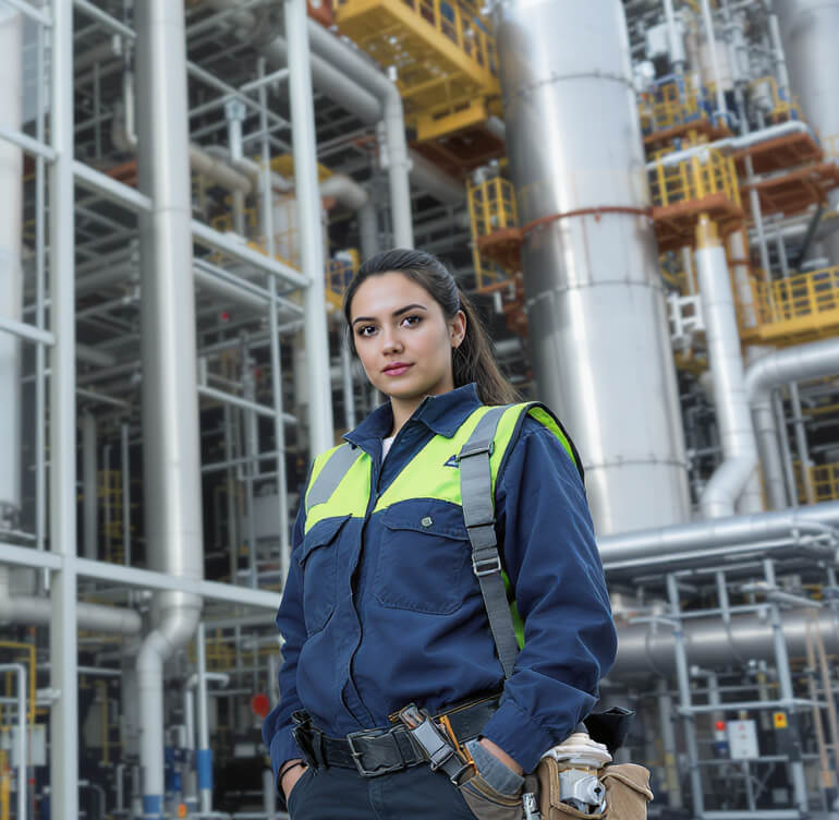 Technikerin in Arbeitskleidung und Warnweste vor Industrieanlage