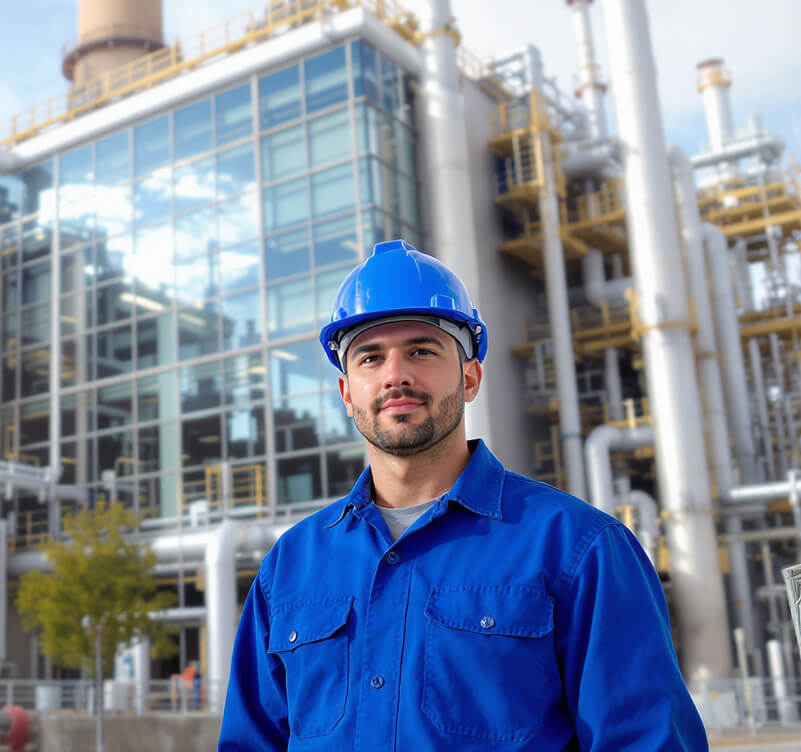 Technikerin in Arbeitskleidung und Warnweste vor Industrieanlage