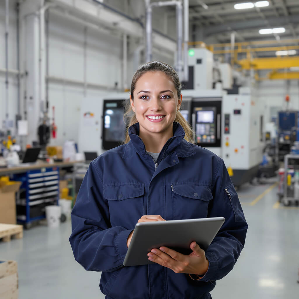 Lächelnde Technikerin mit Tablet in blauer Arbeitskleidung in Industriehalle