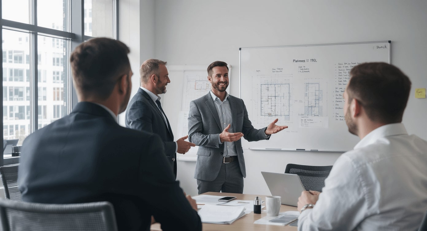 Geschäftsmann präsentiert Grundrisse am Whiteboard vor Kollegen im Konferenzraum