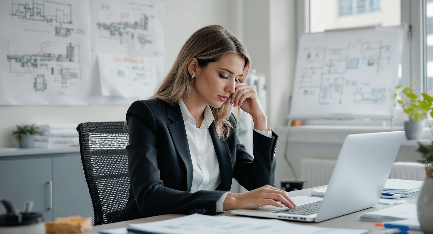 Geschäftsfrau mit Hand an Stirn arbeitet konzentriert am Laptop
