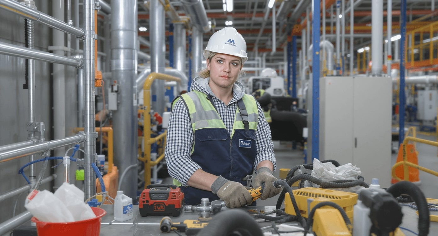 Technikerin mit weißem Schutzhelm und Warnweste arbeitet an Industrieanlage