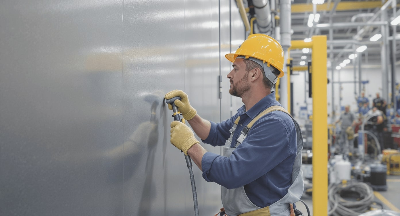 Arbeiter mit gelbem Helm lackiert Metalloberfläche mit Sprühpistole in Industriehalle