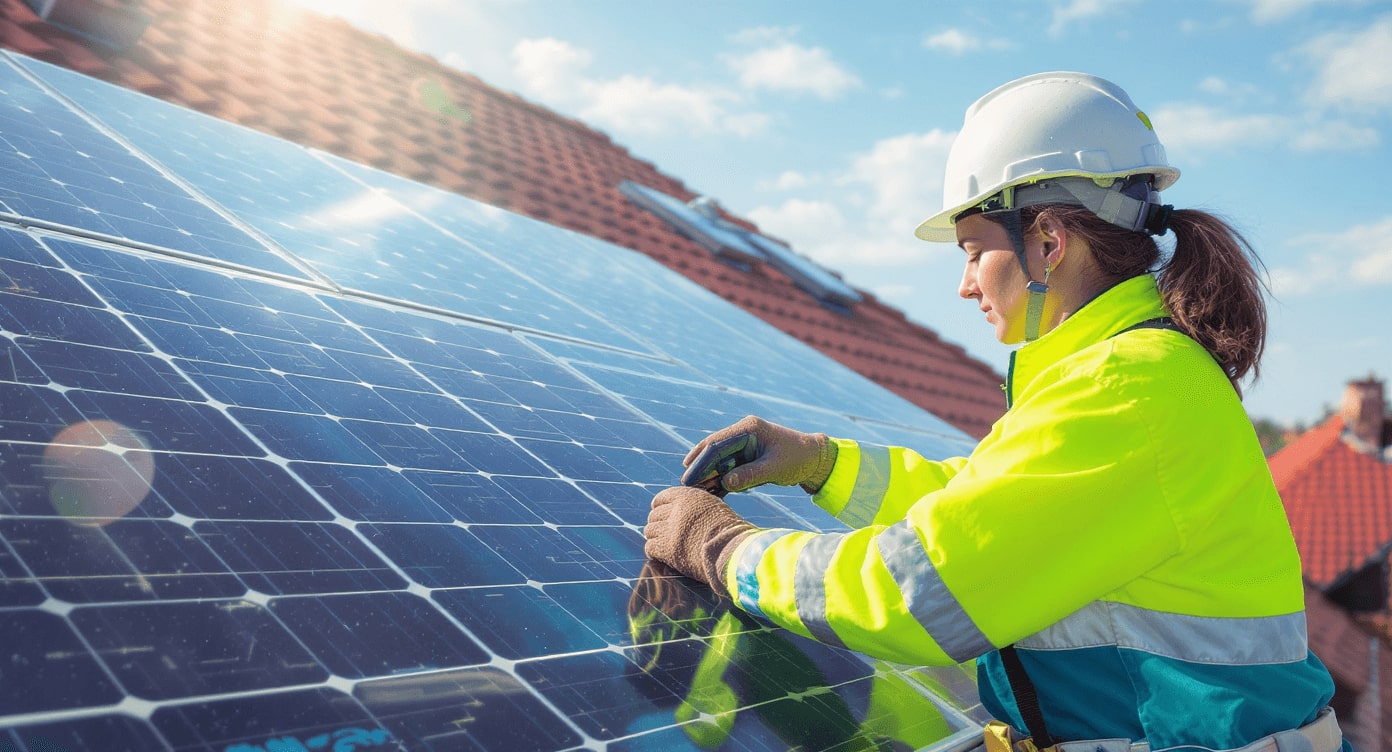 Technikerin in Warnweste installiert Solarpanele auf Hausdach