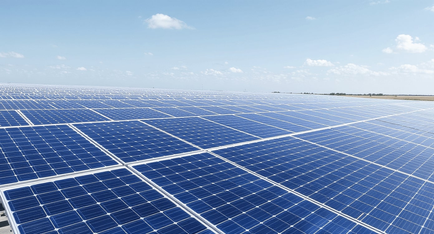 Große Solaranlage mit blauen Photovoltaik-Modulen unter bewölktem Himmel